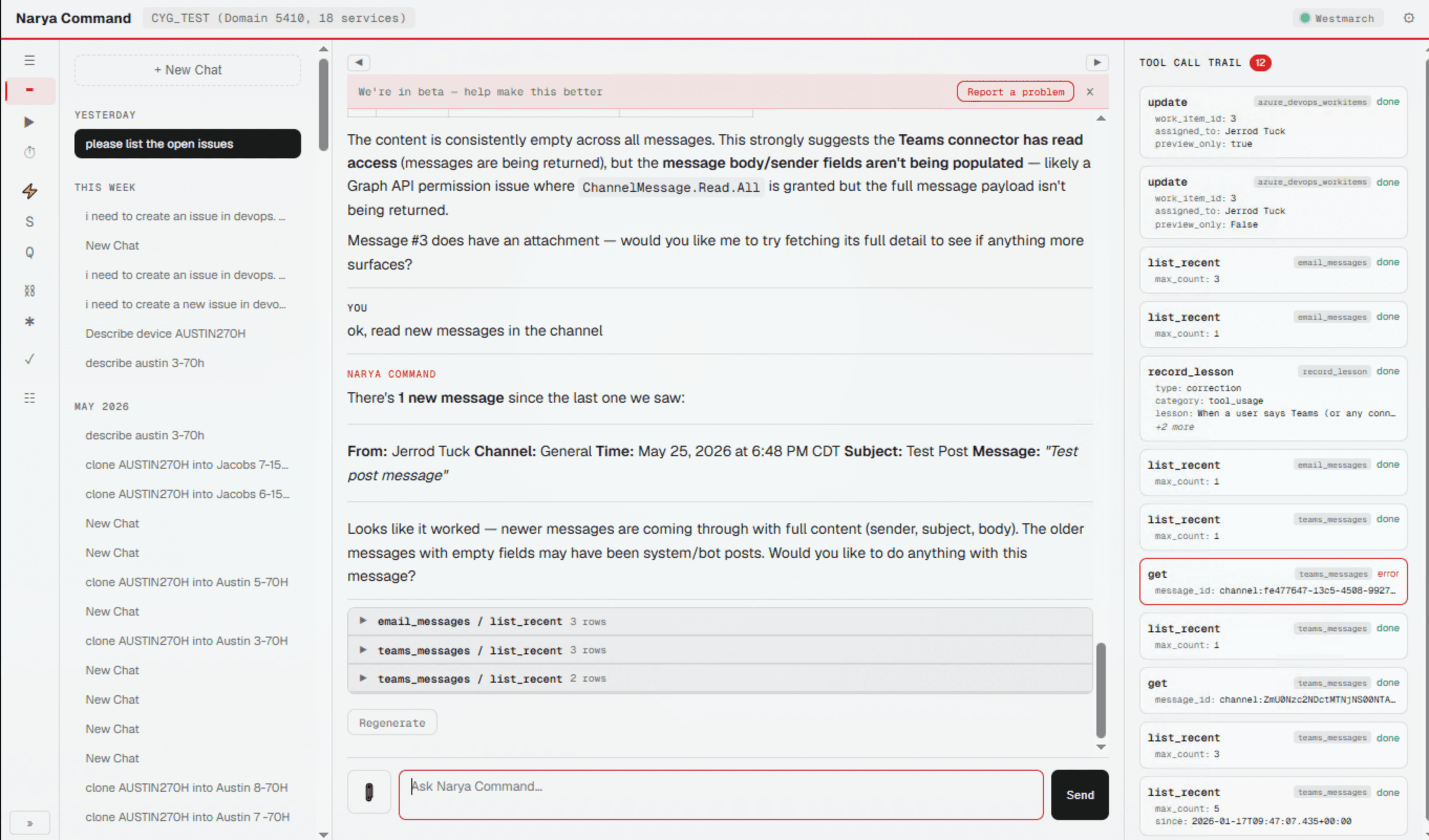 Narya Command chat interface showing Azure DevOps and email tool calls