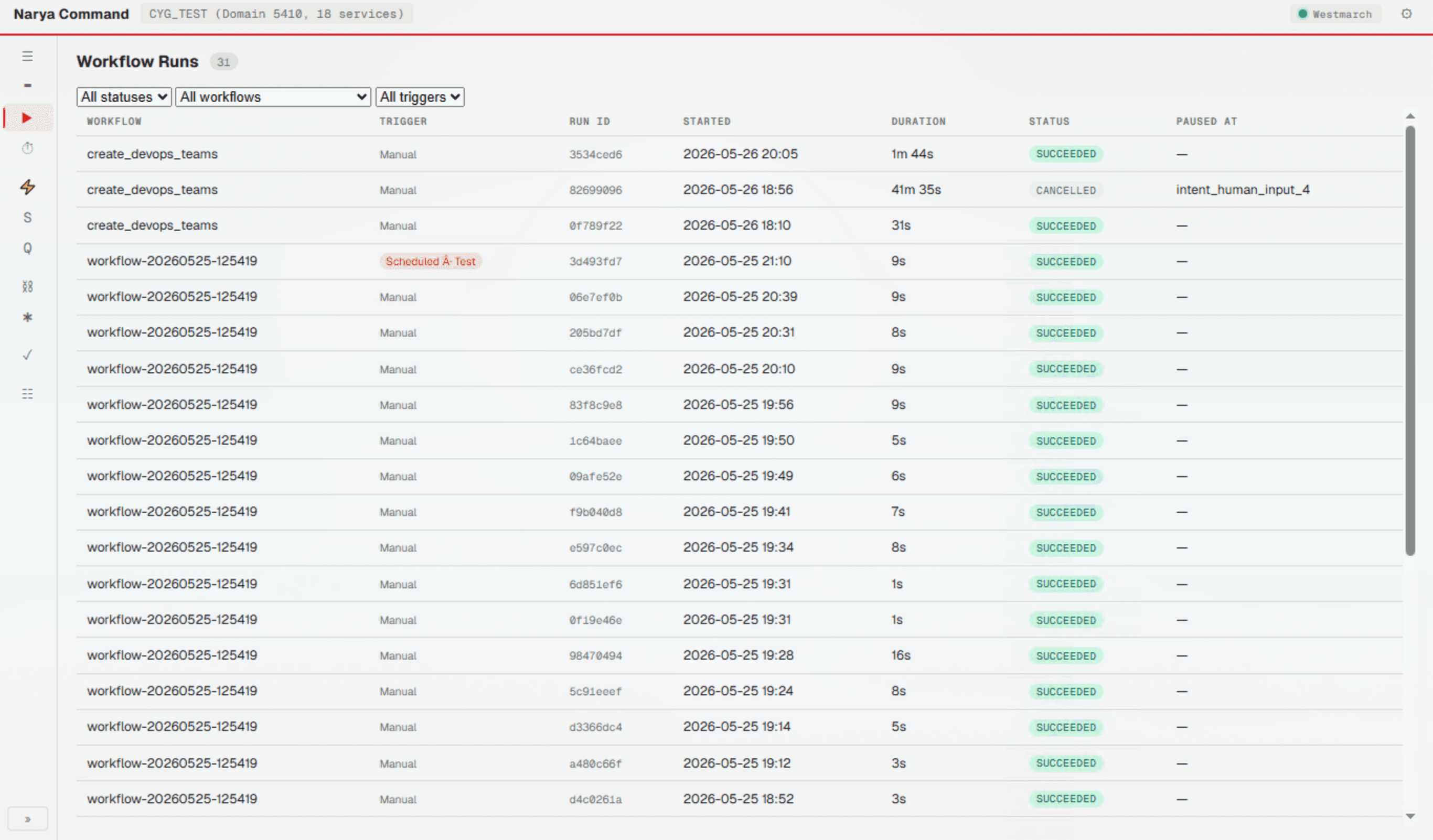 Narya Command workflow runs list with statuses, durations, and triggers