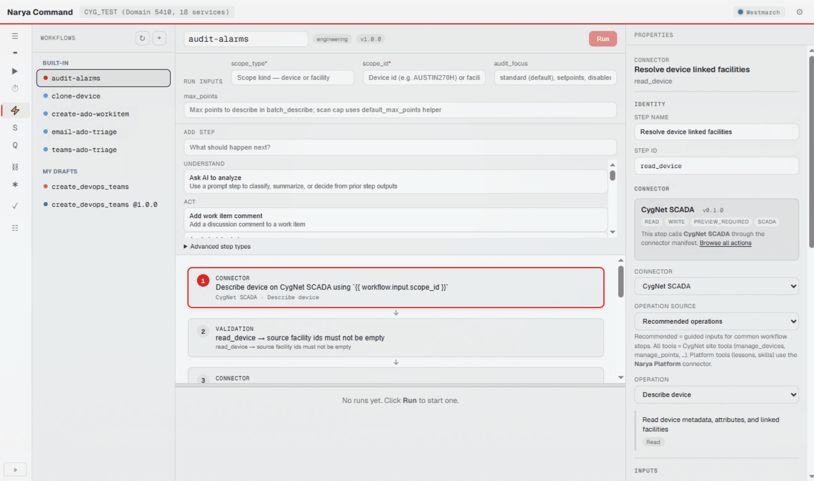 Narya Command workflow builder showing connector, validation, and AI steps